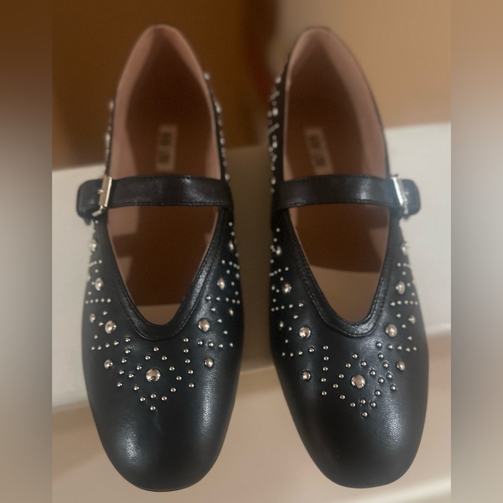 Bibi Lou Studded‎ Mary Jane Black Leather Flats Size: US 10-10.5 / EU 41.